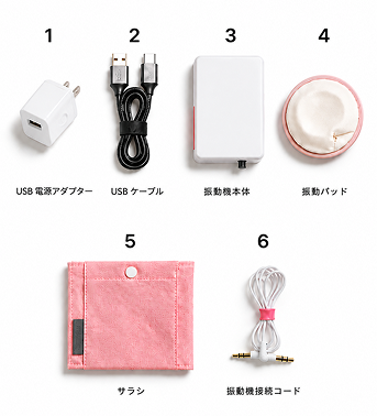セット内容：USB電源アダプター、USBケーブル、振動機本体、振動パッド、サラシ、振動機接続コード